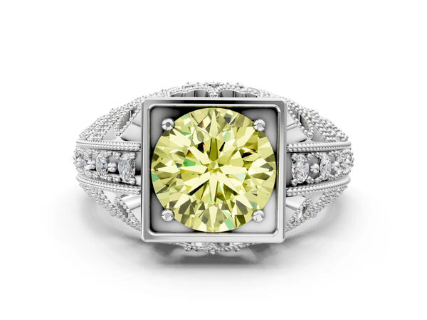Silver Fancy Yellow Round Cut Brilliant Milgrain Filigree Diamond Ring with Square Prong Setting
