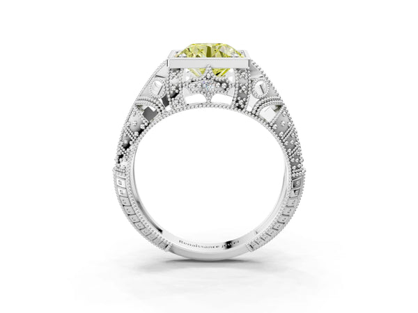 Silver Fancy Yellow Round Cut Brilliant Milgrain Filigree Diamond Ring with Square Prong Setting