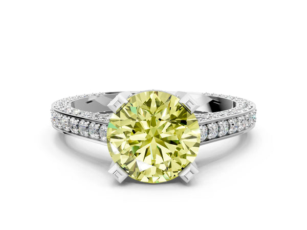 Silver Fancy Yellow Round Cut Brilliant Split Shank Pave Solitaire Ring with Four-Prong Setting