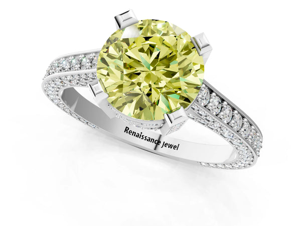 Silver Fancy Yellow Round Cut Brilliant Split Shank Pave Solitaire Ring with Four-Prong Setting