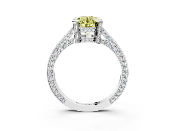 Silver Fancy Yellow Round Cut Brilliant Split Shank Pave Solitaire Ring with Four-Prong Setting