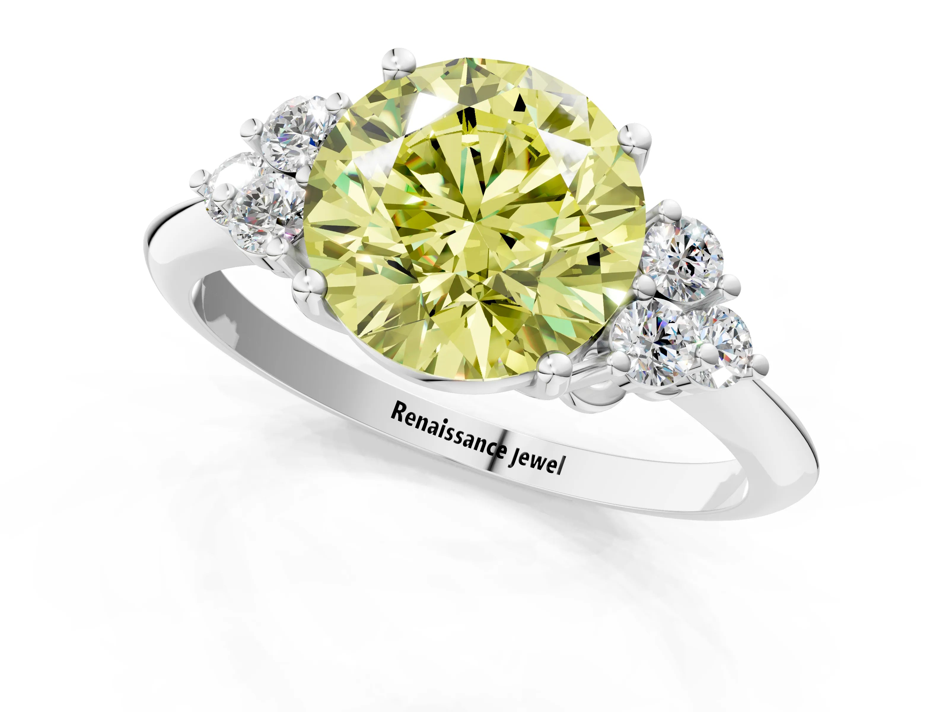 Silver Fancy Yellow Round Cut Cut Diamond Cluster Ring with Solitaire Band and Four-Prong Setting_21