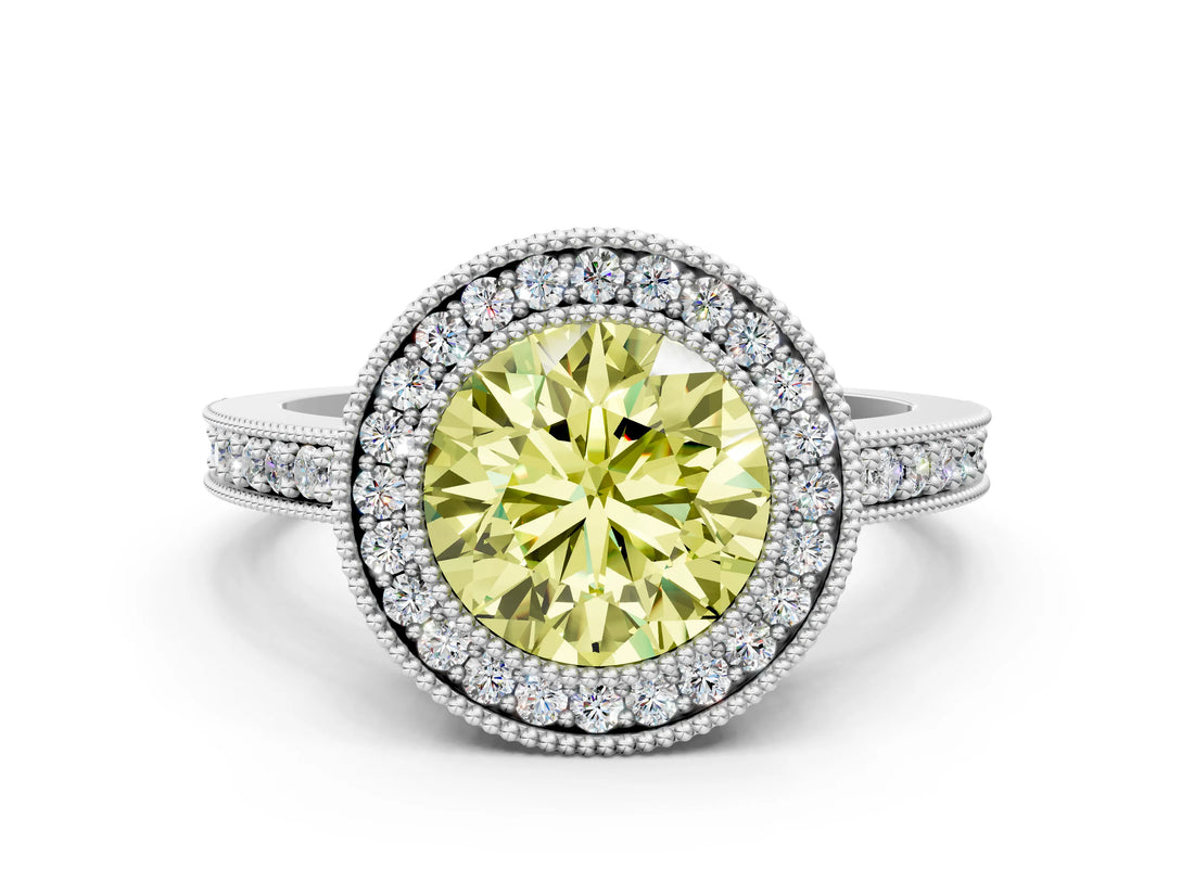 Silver Fancy Yellow Round Cut-Cut Diamond Halo Engagement Ring with Pave Band and Prong Setting_6