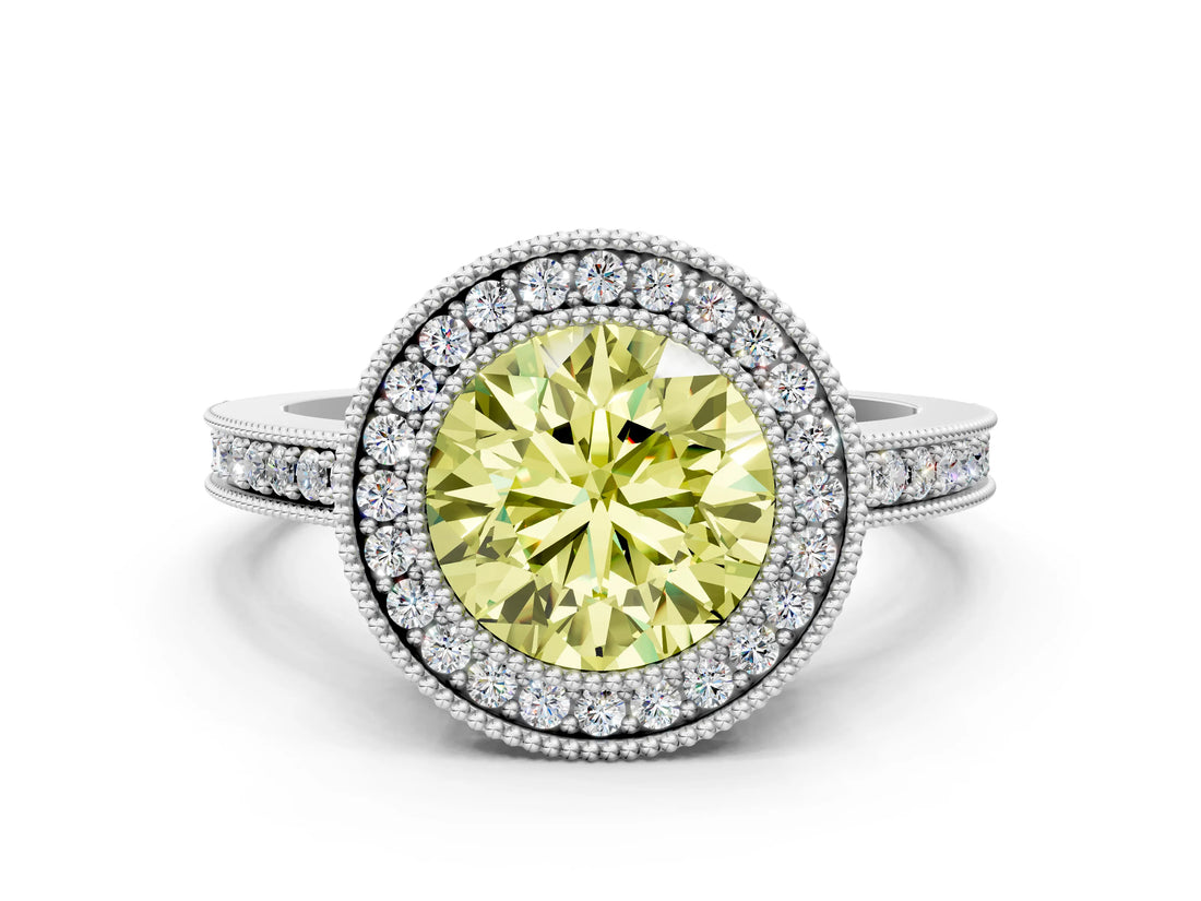 Silver Fancy Yellow Round Cut Cut Halo Pavé Diamond Ring_6