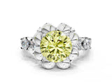 Silver Fancy Yellow Round  Cut Diamond Floral Halo Engagement Ring with Shared Prong Setting 1