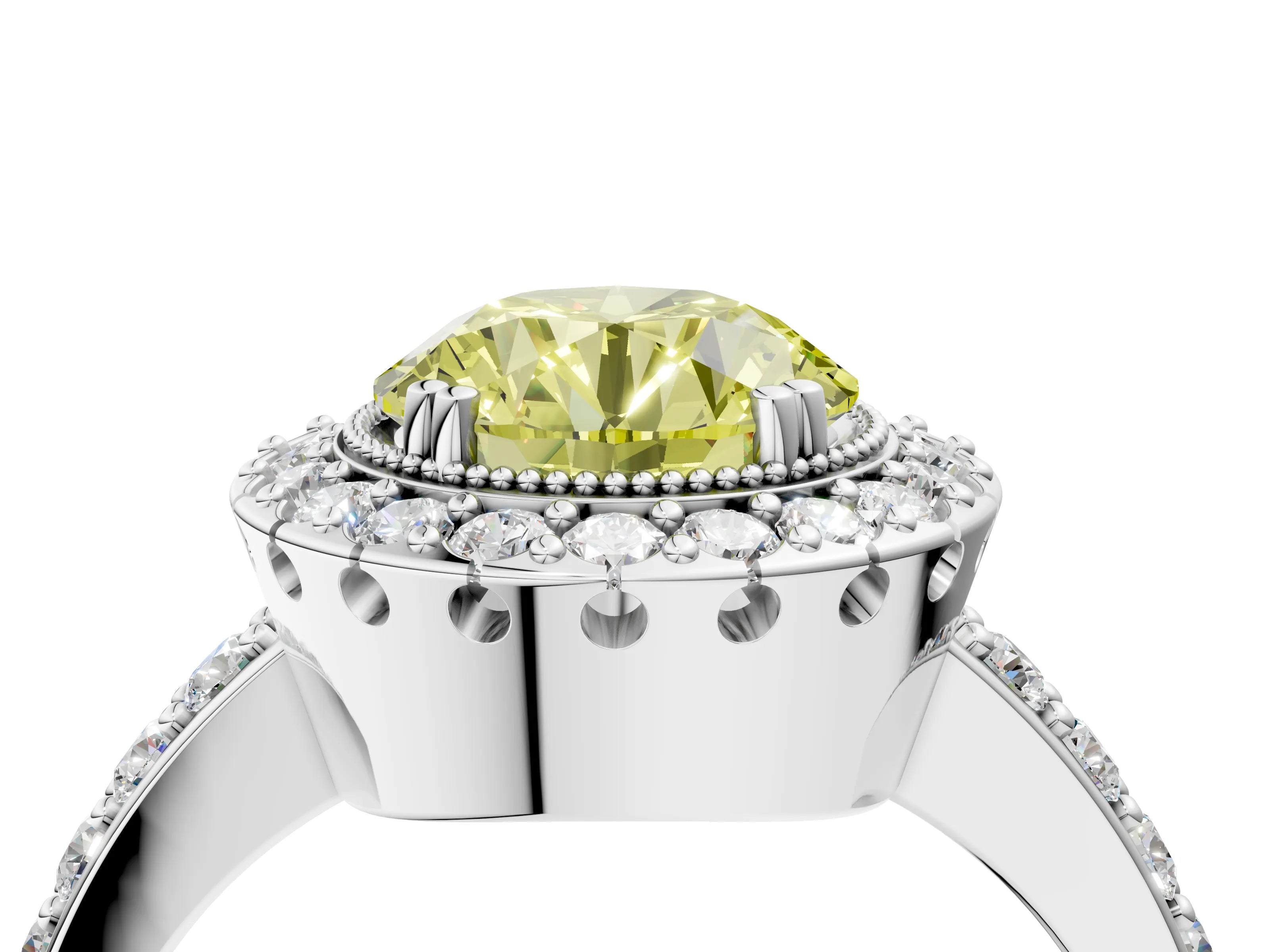 Silver Fancy Yellow Round Cut Diamond Halo Ring with Pavé Band and Prong Setting_10