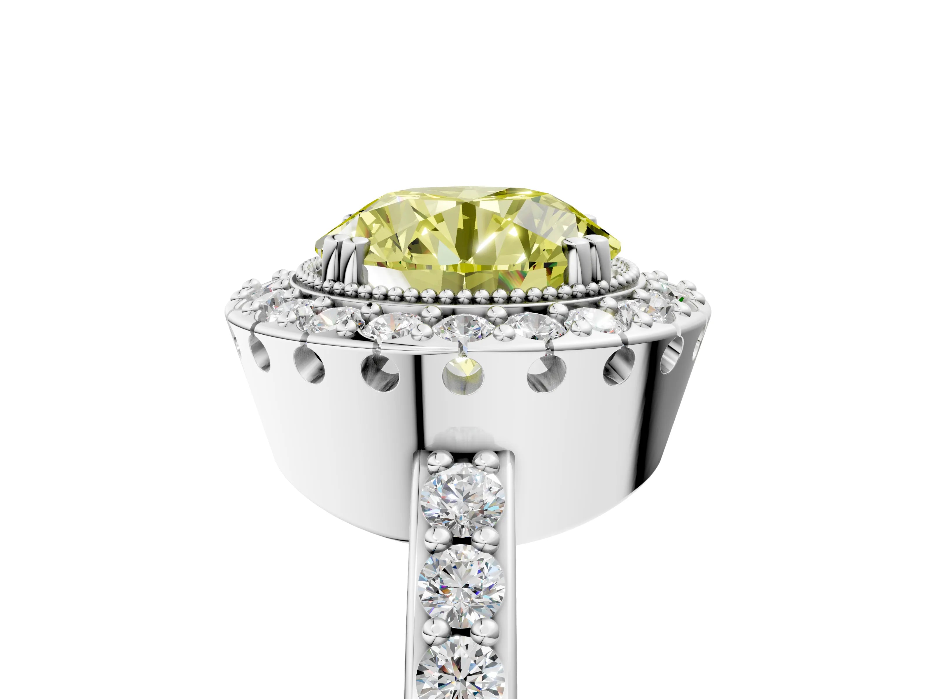 Silver Fancy Yellow Round Cut Diamond Halo Ring with Pavé Band and Prong Setting_32