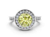 Silver Fancy Yellow Round Cut Diamond Milgrain Halo Engagement Ring with Round Pavé Band and Prong Setting_12