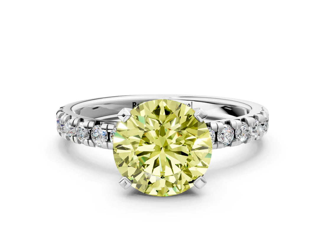 Silver Fancy Yellow Round Cut Diamond Solitaire Pavé Engagement Ring with Round Band and Prong Setting