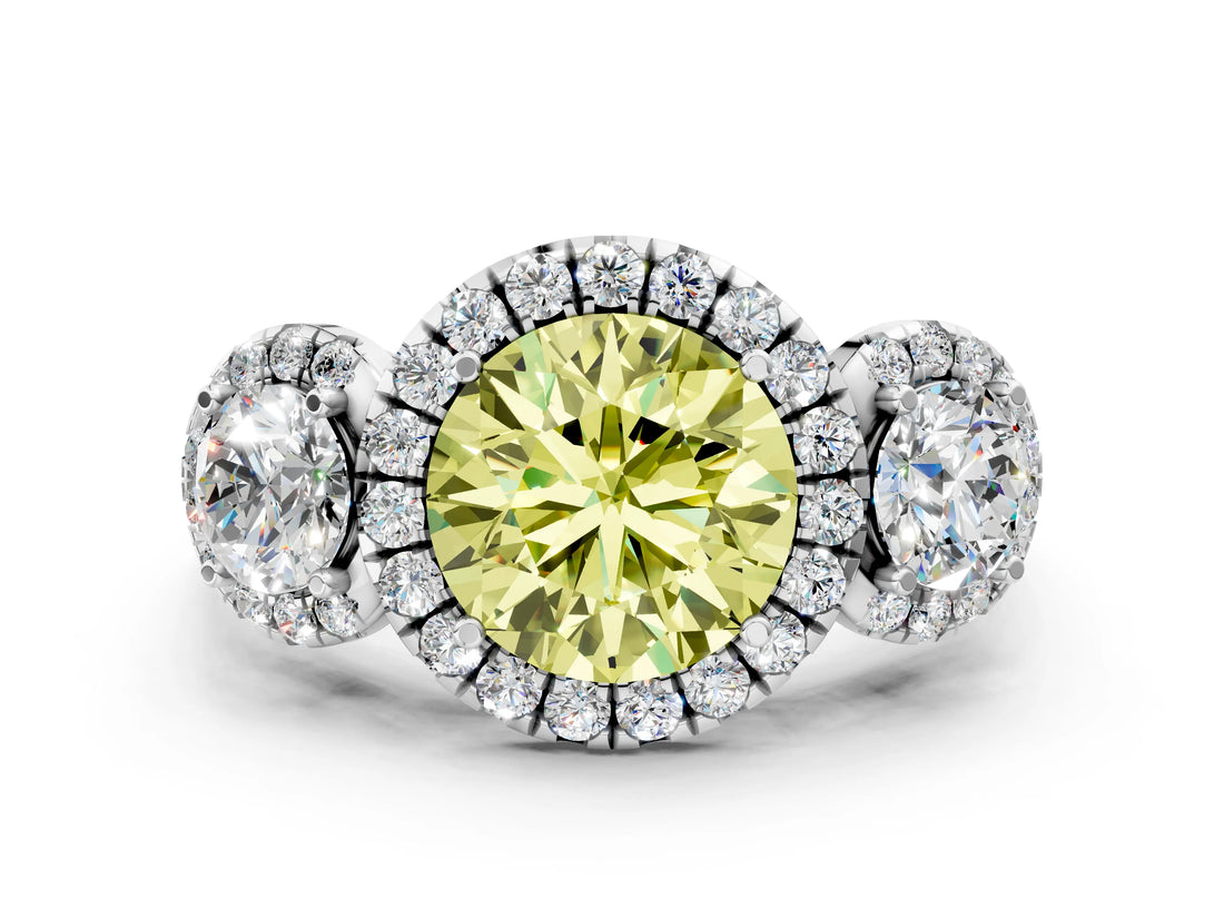 Silver Fancy Yellow Round Cut Diamond Three-Stone Halo Ring with Prong Setting and Pavé Accents_6