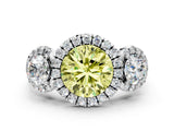 Silver Fancy Yellow Round Cut Diamond Three-Stone Halo Ring with Prong Setting and Pavé Accents_6