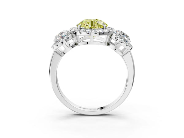 Sterling Silver Round Three Stone Halo Engagement Ring Setting for Fancy Yellow Center