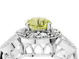 Silver Fancy Yellow Round Cut Halo Milgrain Diamond Engagement Ring with Leaf Band and Four-Prong Setting_16