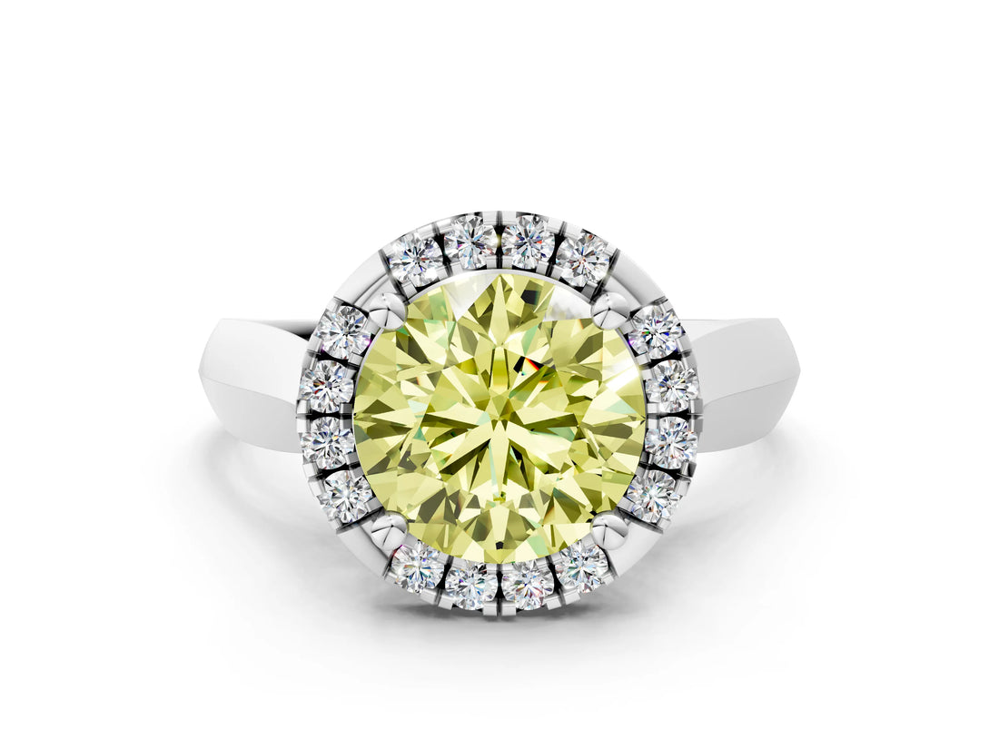 Silver Fancy Yellow Round  Cut Halo Solitaire Engagement Ring with Square Band and Four-Prong Setting_12