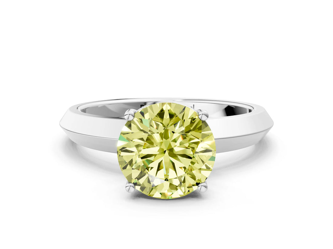 Silver Fancy Yellow Round  Cut Solitaire Engagement Ring with Flat Band and Four-Prong Setting 1