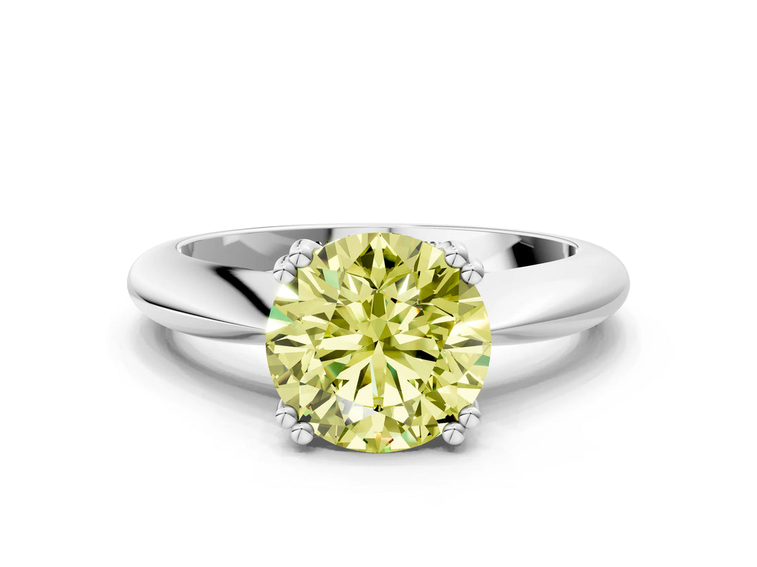 Silver Fancy Yellow Round  Cut Solitaire Engagement Ring with Tapered Band and Four-Prong Setting