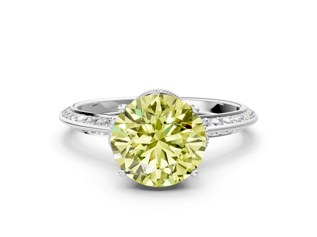 Silver Fancy Yellow Round Cut Solitaire Split Shank Pave Diamond Engagement Ring with Four-Prong Setting_84