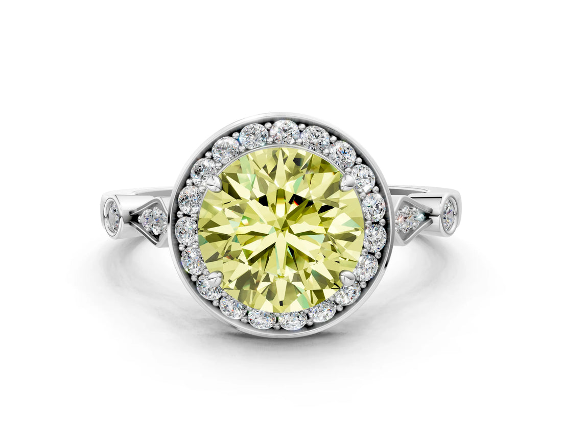 Silver Fancy Yellow Round  Halo Diamond Engagement Ring with Twisted Band and Four-Prong Setting 1