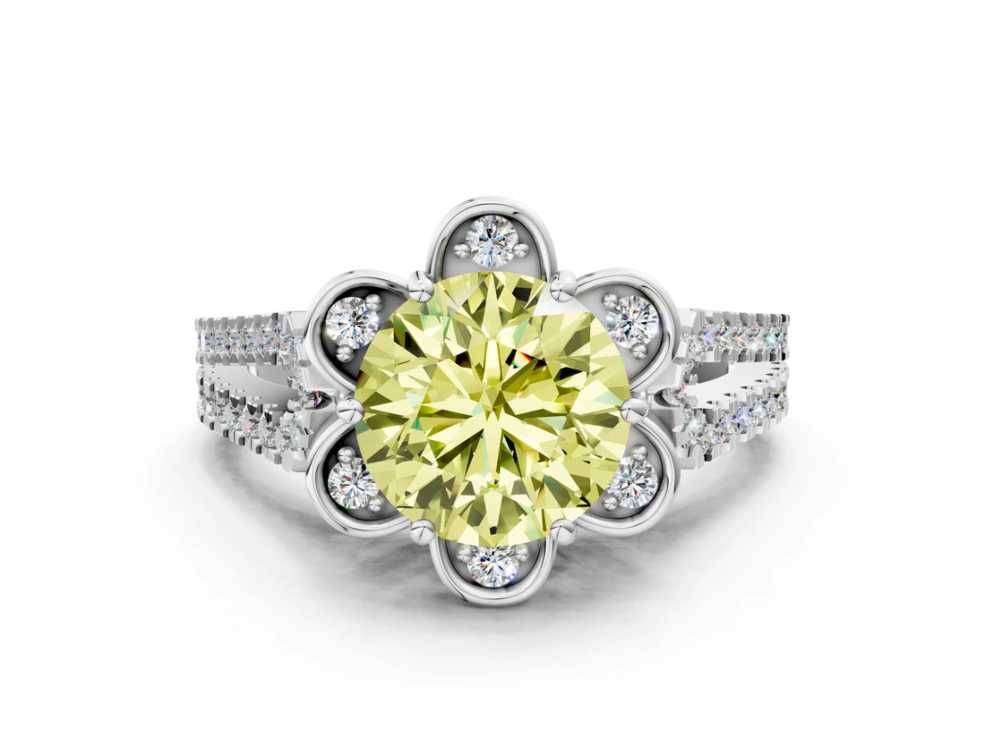 Silver Fancy Yellow Round  Halo Diamond Floral Split Shank Engagement Ring 1