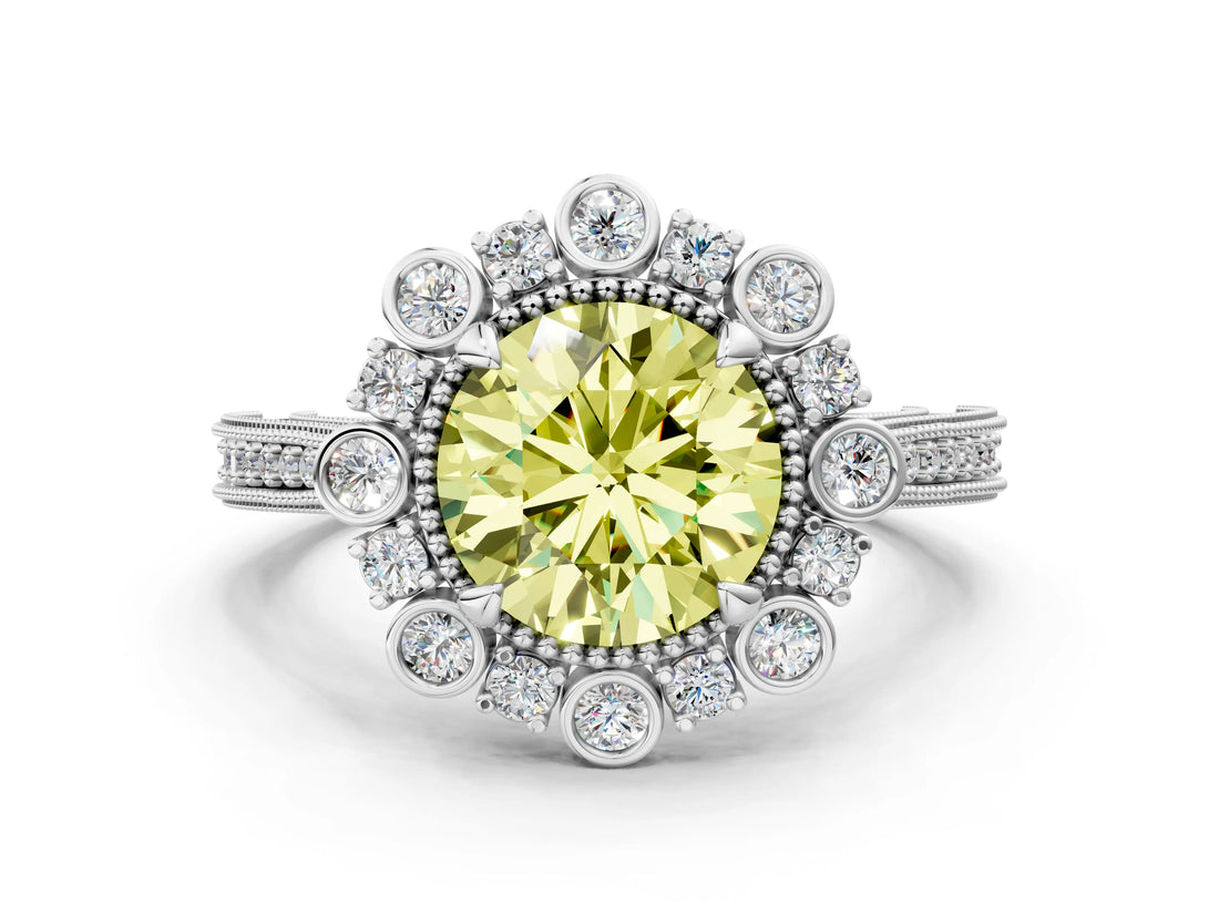 Silver Fancy Yellow Round  Halo Milgrain Pave Diamond Ring with Four-Prong Setting
