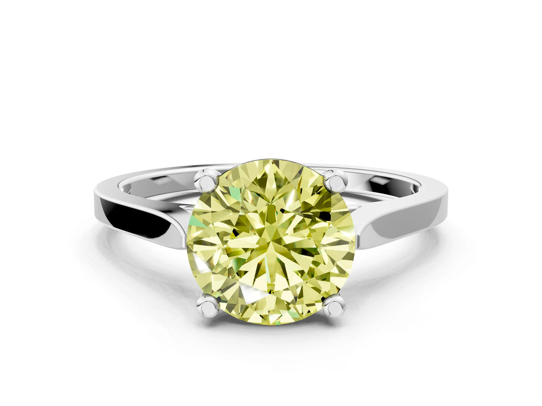 Silver Fancy Yellow Round  Solitaire Diamond Ring with Four-Prong Setting and Tapered Band 1