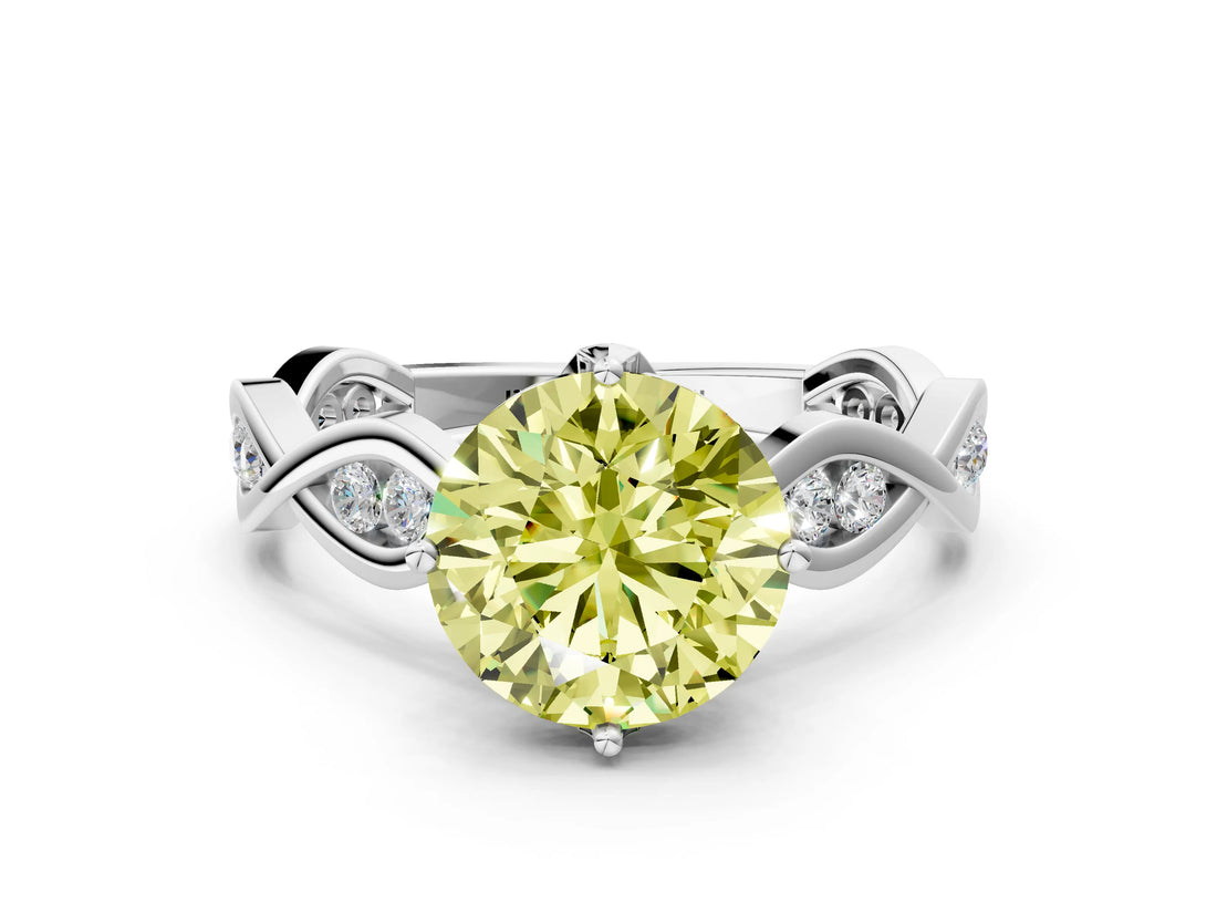 Silver Fancy Yellow Round  Solitaire Twist Band with Leaf Prong Setting