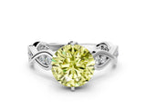 Silver Fancy Yellow Round  Solitaire Twist Band with Leaf Prong Setting