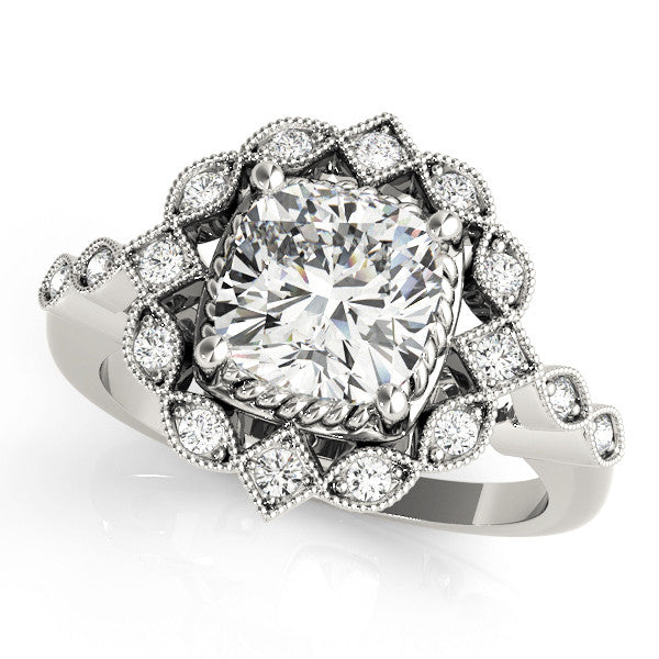 White gold Halo Cushion Cut Diamond Milgrain Band with Four-Prong Setting