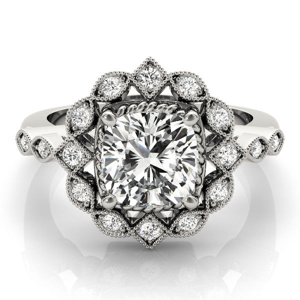 White gold Halo Cushion Cut Diamond Milgrain Band with Four-Prong Setting