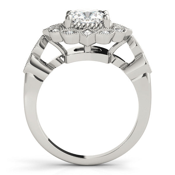 Silver Halo Cushion Cut Diamond Milgrain Band with Four-Prong Setting