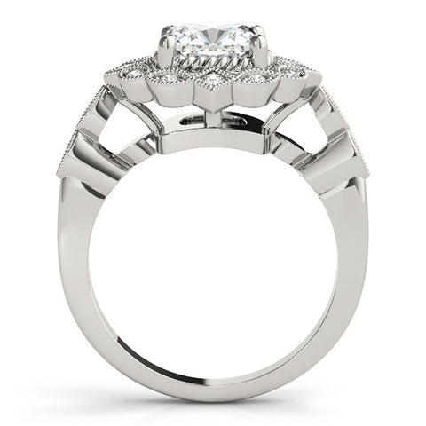 Silver Halo Cushion Cut Diamond Milgrain Band with Four-Prong Setting