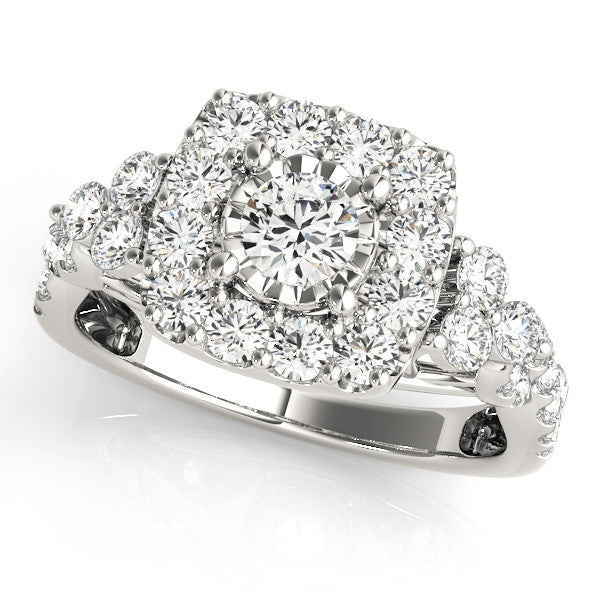 Silver Halo Cushion Cut Diamond Ring with Pavé Band and Four-Prong Setting 1