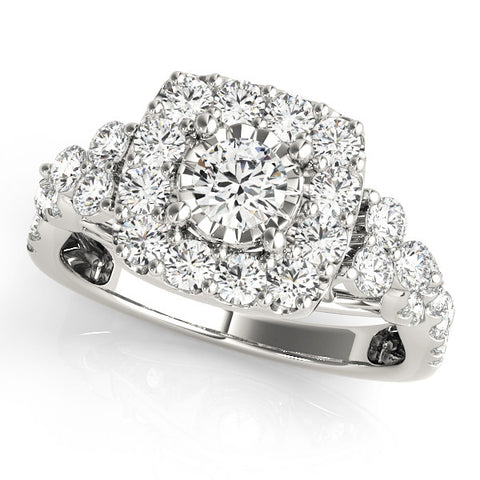 Silver Halo Cushion Cut Diamond Ring with Pavé Band and Four-Prong Setting 1