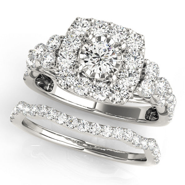 Silver Halo Cushion Cut Diamond Ring with Pavé Band and Four-Prong Setting 2