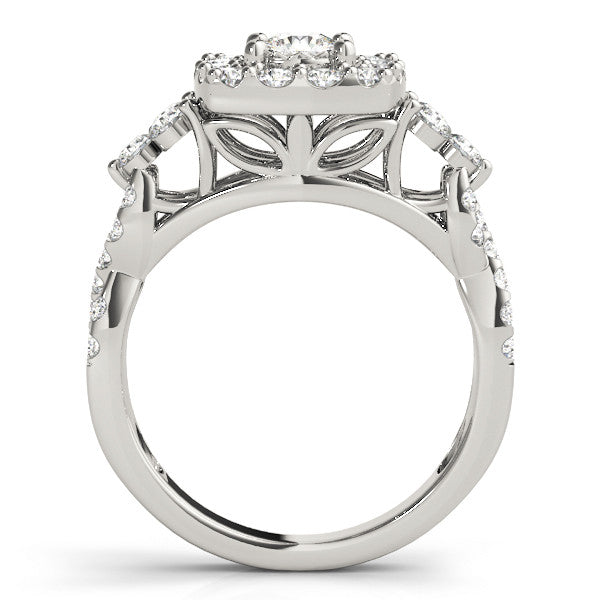 Silver Halo Cushion Cut Diamond Ring with Pavé Band and Four-Prong Setting
