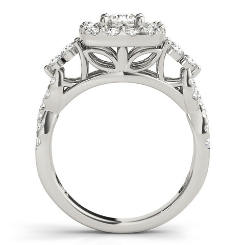 Silver Halo Cushion Cut Diamond Ring with Pavé Band and Four-Prong Setting