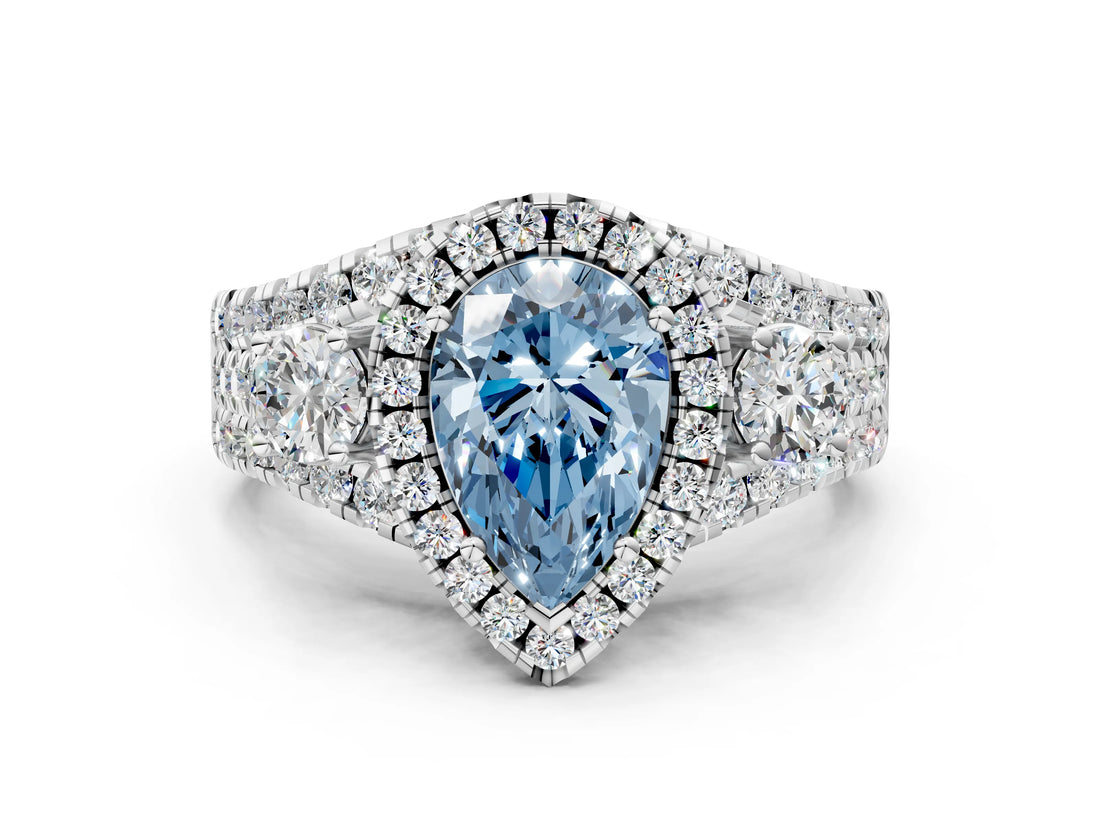Silver Halo Fancy Blue Pear Cut Cut Split Shank Diamond Ring with Four-Prong Setting_12