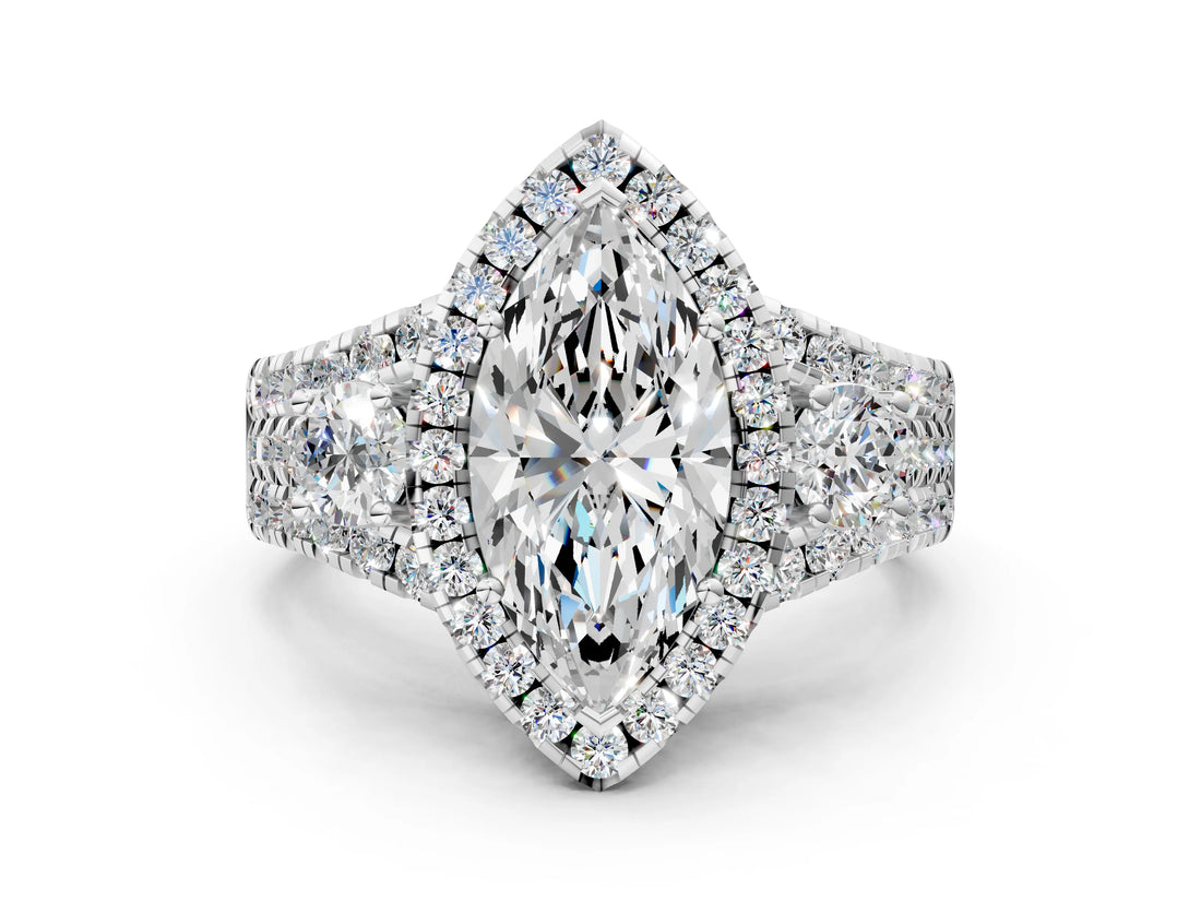 Silver Halo Marquise Cut Cut Split Shank Diamond Ring with Four-Prong Setting_7