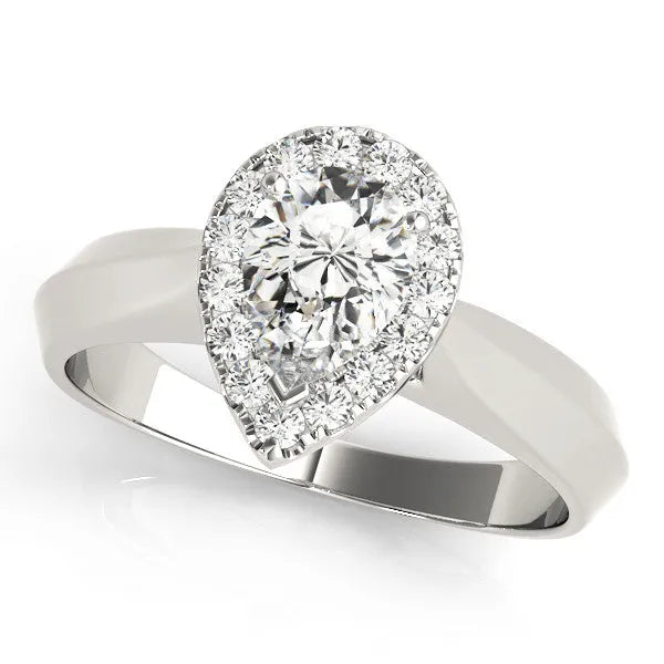Silver Halo Pear Cut Solitaire Diamond Ring with Prong Setting