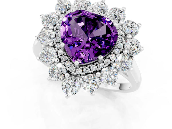 Silver Heart Cut Amethyst Floral Double Halo Engagement Ring with Prong Setting