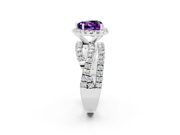 Sterling Silver Heart-Shaped Amethyst Halo Engagement Ring with Twisted Pave Split Shank