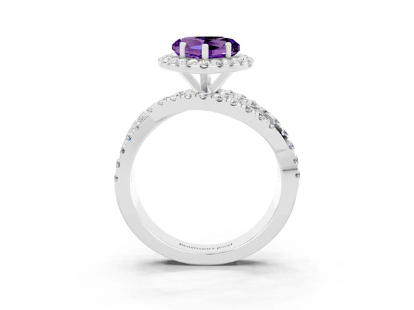 Sterling Silver Heart-Shaped Amethyst Halo Engagement Ring with Twisted Pave Split Shank