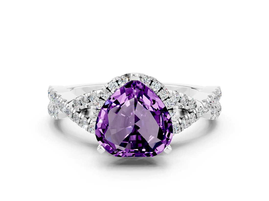 Silver Heart Cut Amethyst  Halo Twist Band Solitaire Prong Setting Ring_12