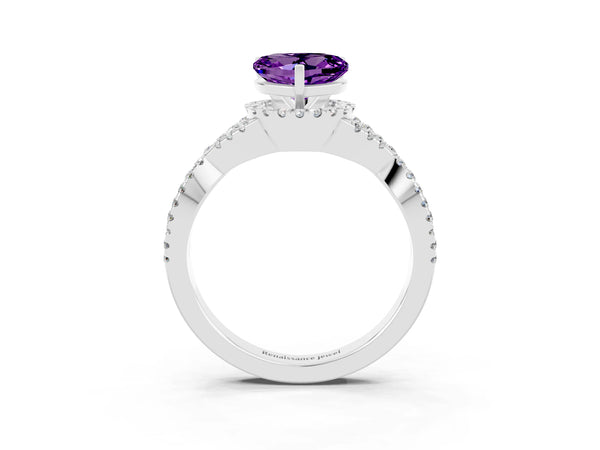 Silver Heart Cut Amethyst  Halo Twist Band Solitaire Prong Setting Ring
