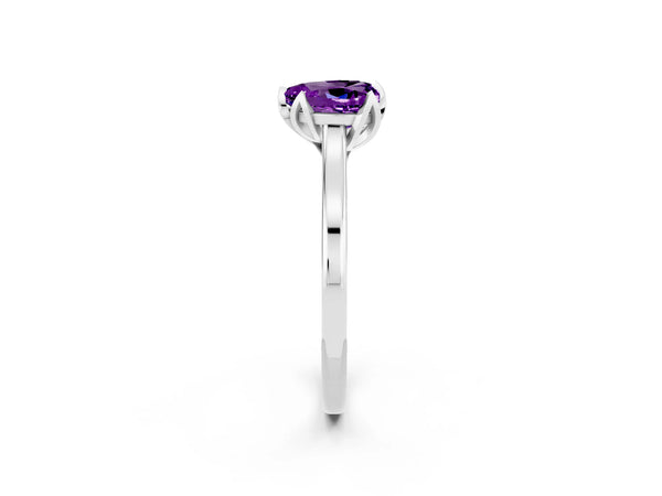 Silver Heart Cut Amethyst Solitaire Ring with Flower Prong Setting and Classic Band