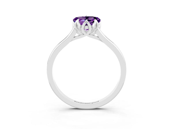 Silver Heart Cut Amethyst Solitaire Ring with Flower Prong Setting and Classic Band