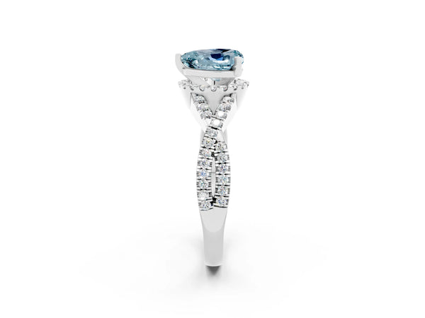 Silver Heart Cut Aquamarine  Halo Twist Band Solitaire Prong Setting Ring