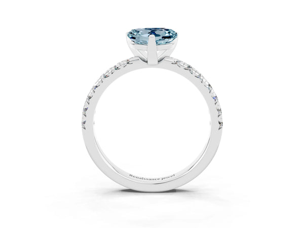 Silver Heart Cut Aquamarine Solitaire Pavé Engagement Ring with Round Band and Prong Setting