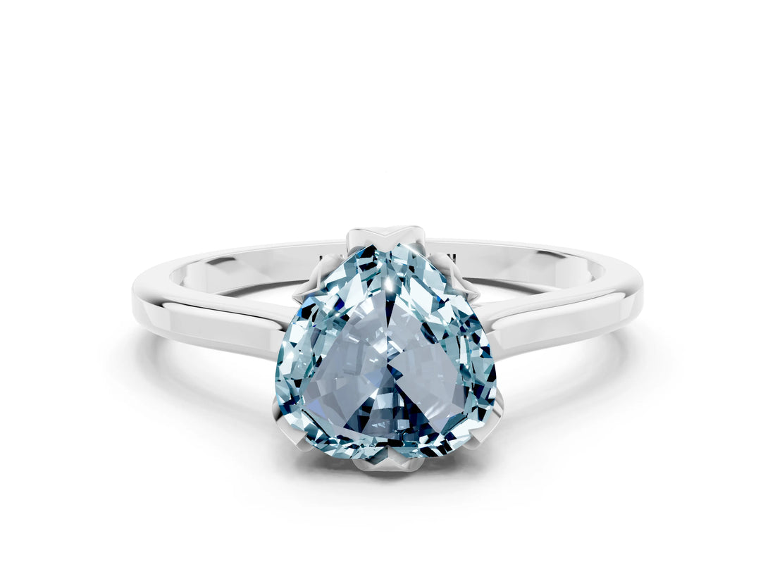 Silver Heart Cut Aquamarine Solitaire Ring with Flower Prong Setting and Classic Band_14