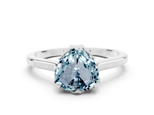 Silver Heart Cut Aquamarine Solitaire Ring with Flower Prong Setting and Classic Band